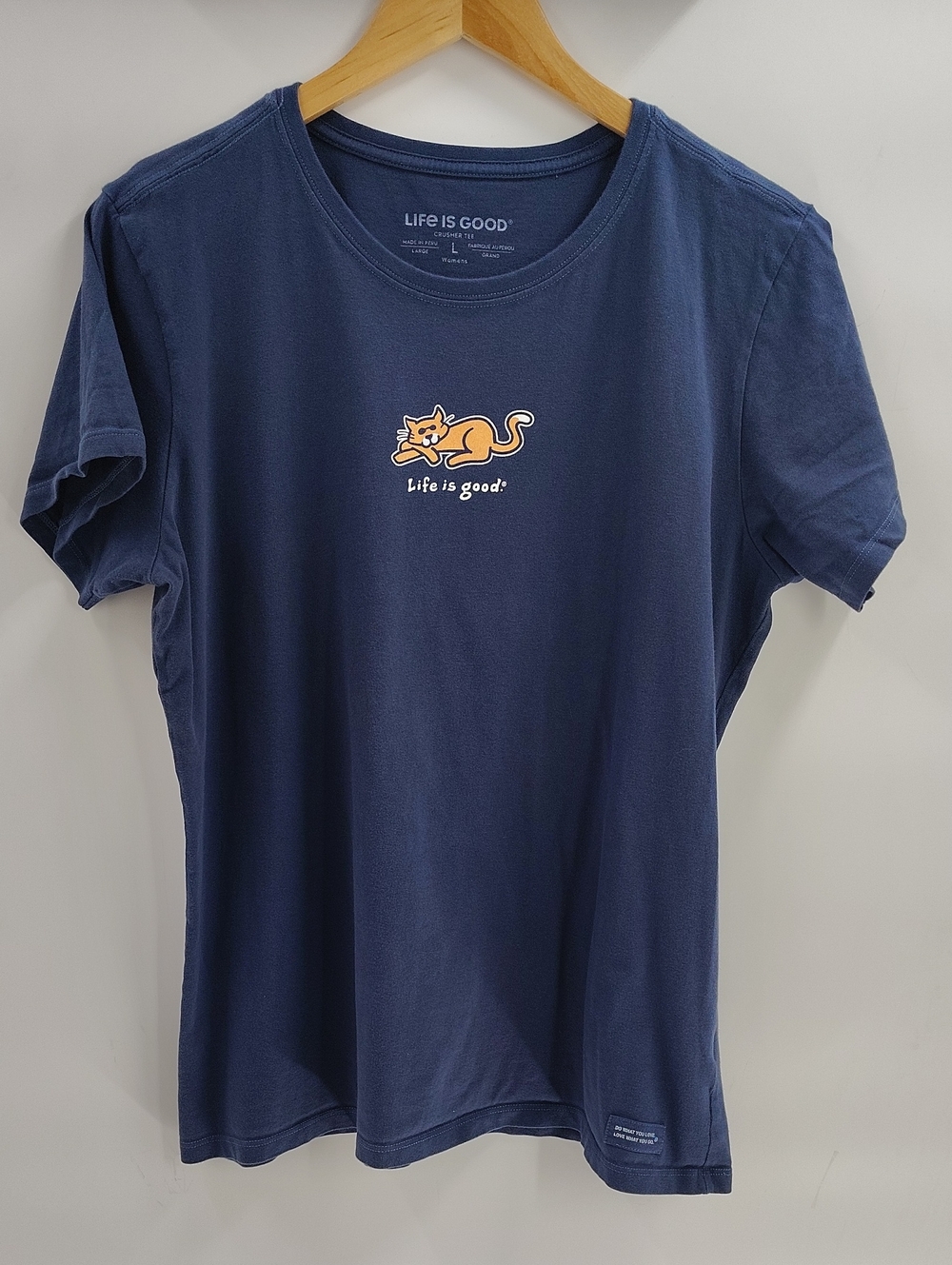 Life Is Good Crusher Tee Large Blue Cool Cat Graphic Short Sleeve